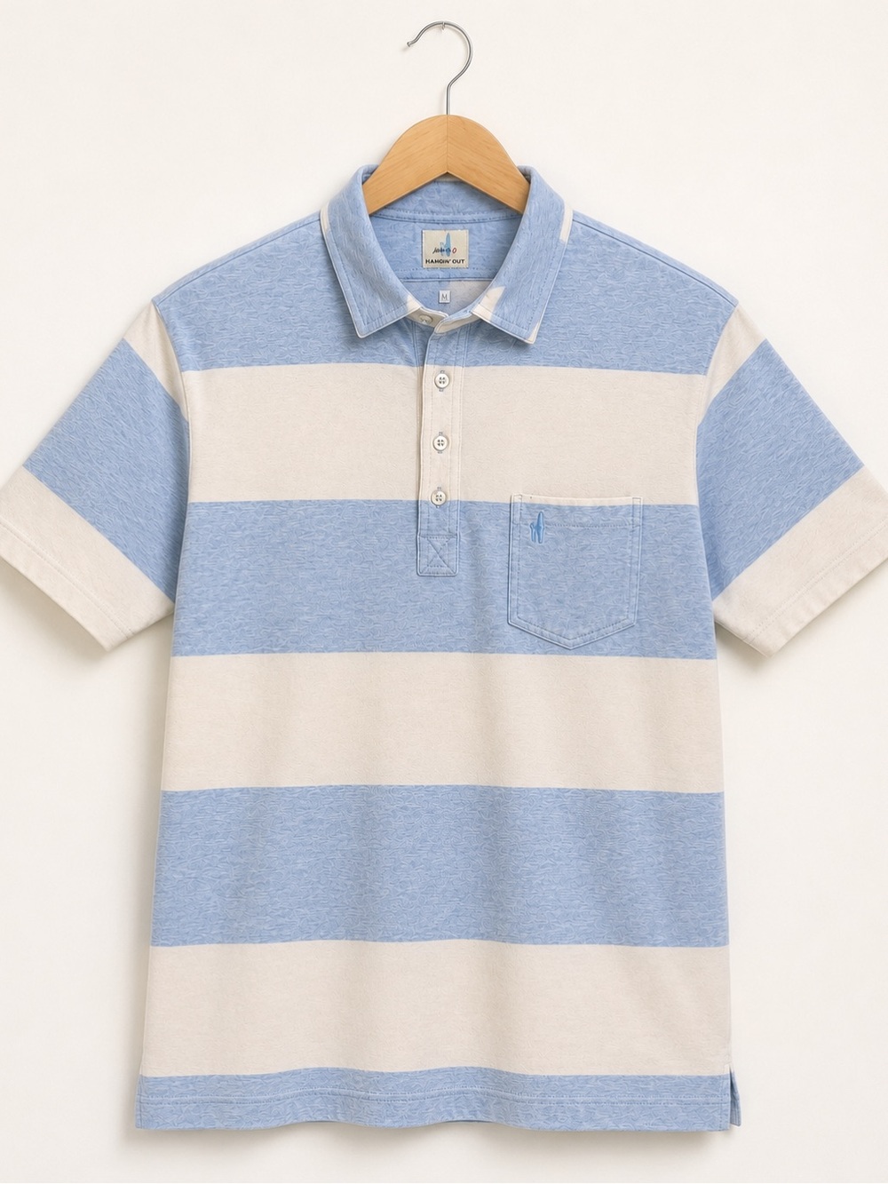 Johnnie-O Hangin’ Out Blue Cream Striped Cotton Stretch Pocket Polo Shirt M